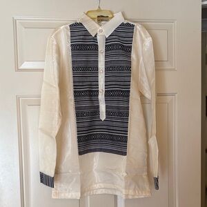 Men's White Dress Shirt with Black Geometric Front Panel